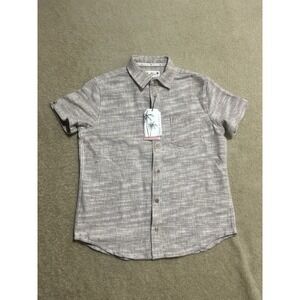 Free Planet Mens S Greek Key Resort Camp Shirt Short Sleeve Beige Tan Button Up‎